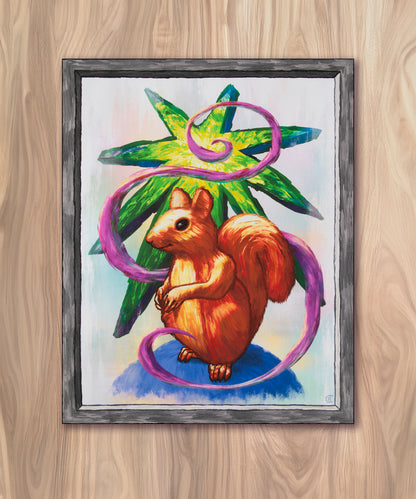 Star Squirrel canvas art print by Daniel Jay, featuring a squirrel, bright green star, and sweeping purple swirl.