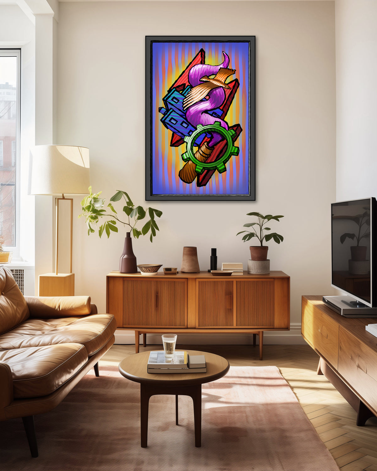 A framed colorful pop-art style wall print hangs above a wooden sideboard in a modern living room with a leather sofa, lamp, plants, and TV.