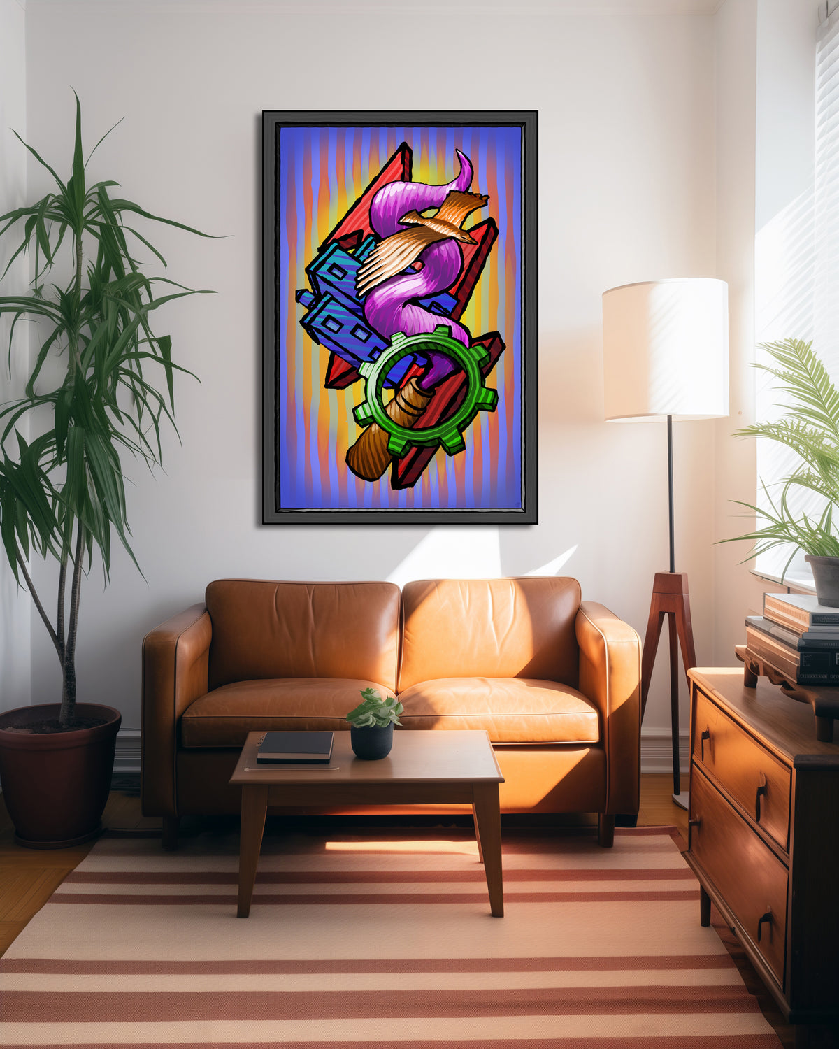 A framed colorful art print featuring a stylized purple snake wrapped in a green collar and blue banner, hanging on a wall above a brown leather sofa in a modern living room setting.