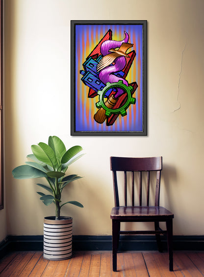 A framed colorful art print featuring a stylized purple and orange mechanical figure on a striped blue background, displayed on a beige wall above a dark wooden chair and next to a potted green plant.